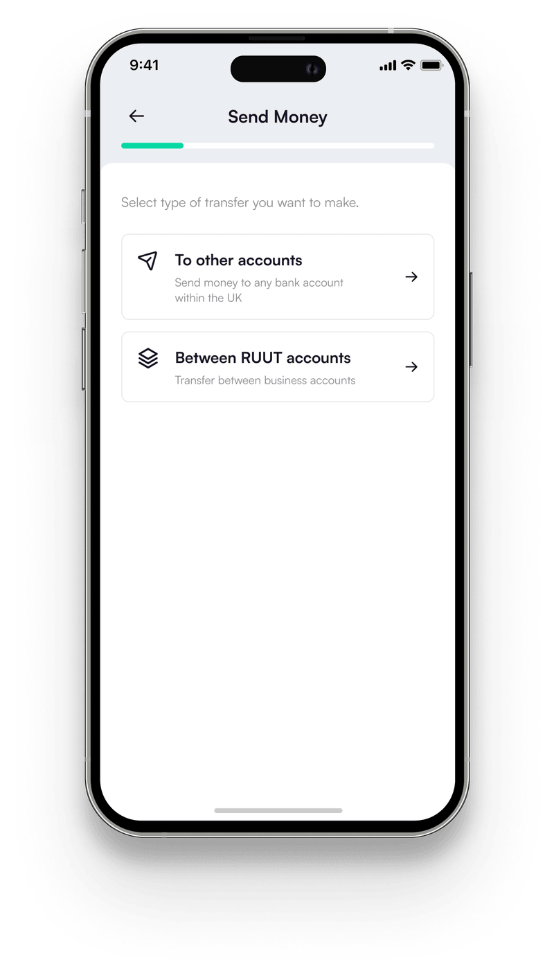 RUUT app — Send Money / Choose account screen
