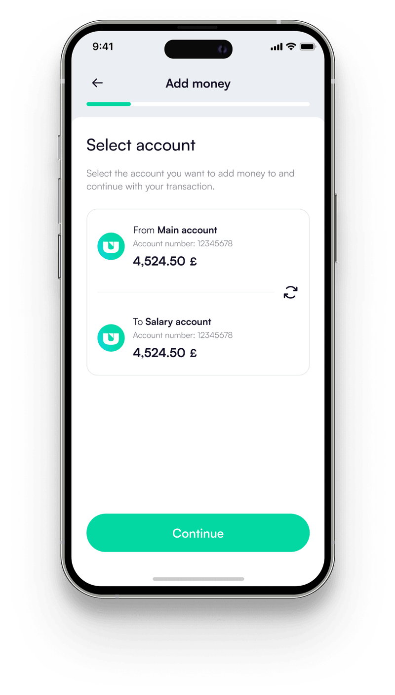 RUUT app — Add money / Choose account screen