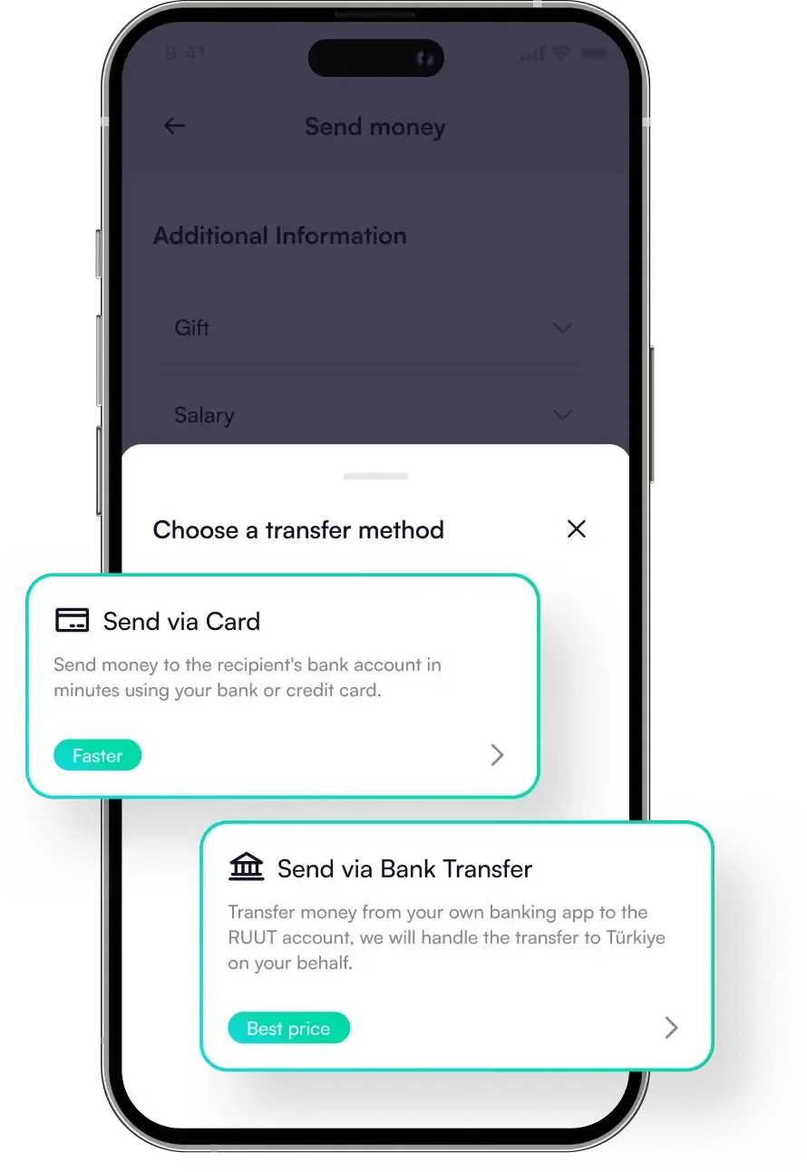 Choosing a transfer method in the RUUT app